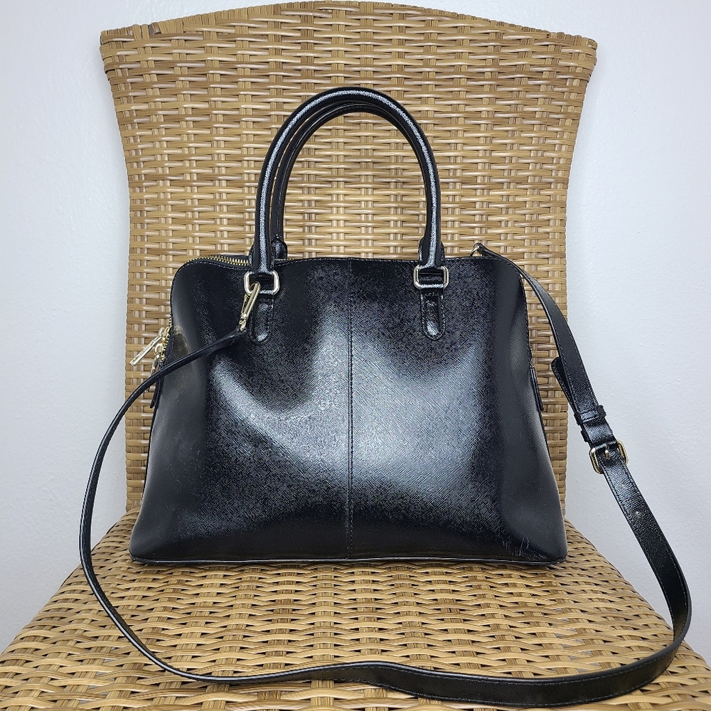 DKNY Bag Satchel Tote Shoulder Strap Handles Shiny Leather Black Gold Hardware - Picture 4 of 16